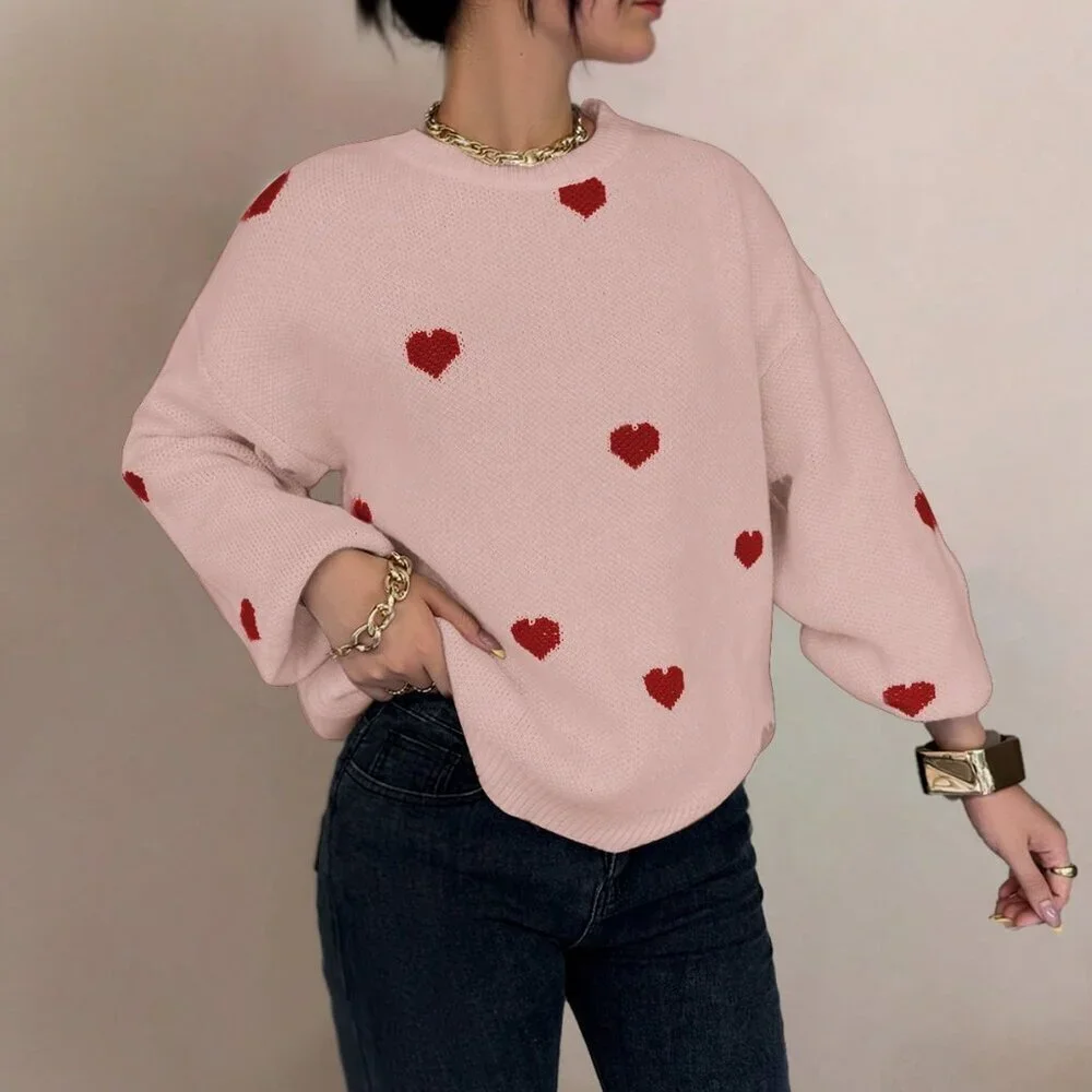 Dusty Pink Casual Women's Valentine Heart Loose-Fit Sweater